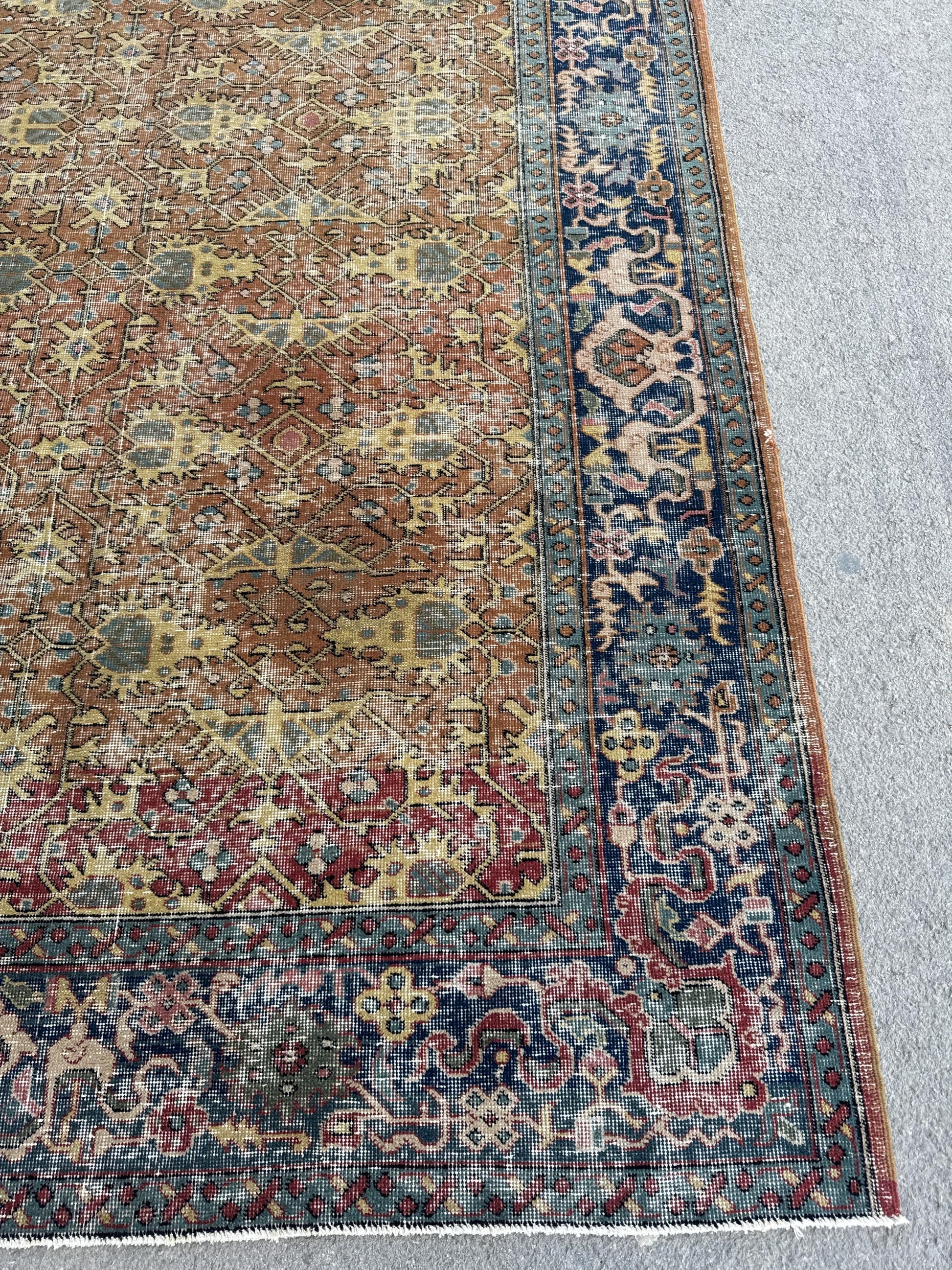 6'5"x10'10" Feet ,Orange background Turkish vintage anatolian rug,yellow,red colors rugs,area rugs,blue border,Floral rugs,578