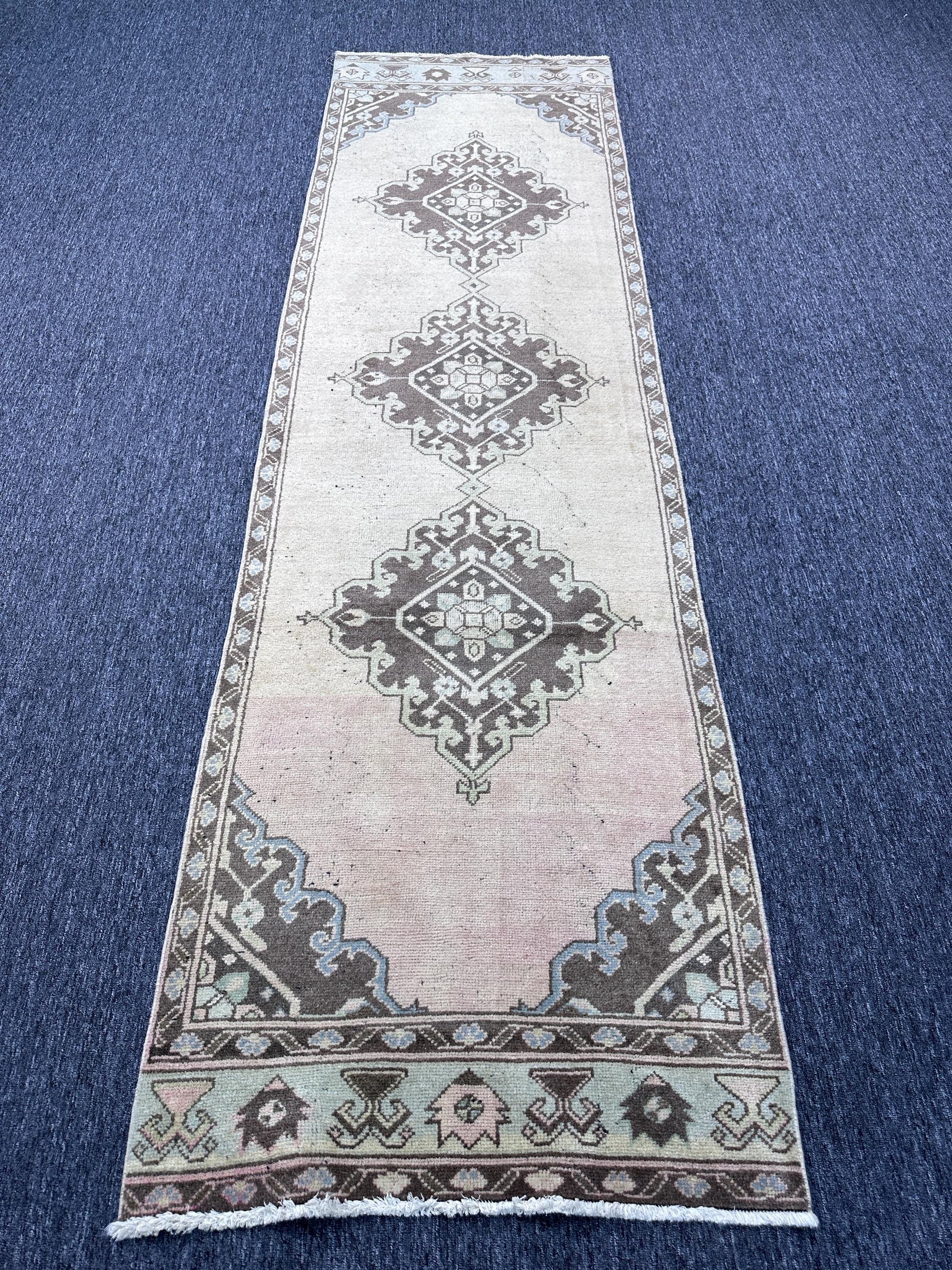 3'1"x11" Feet ,Beige background Turkish vintage Anatolian runner,brown,blue,green colors runner, brown border,Floral runner,301