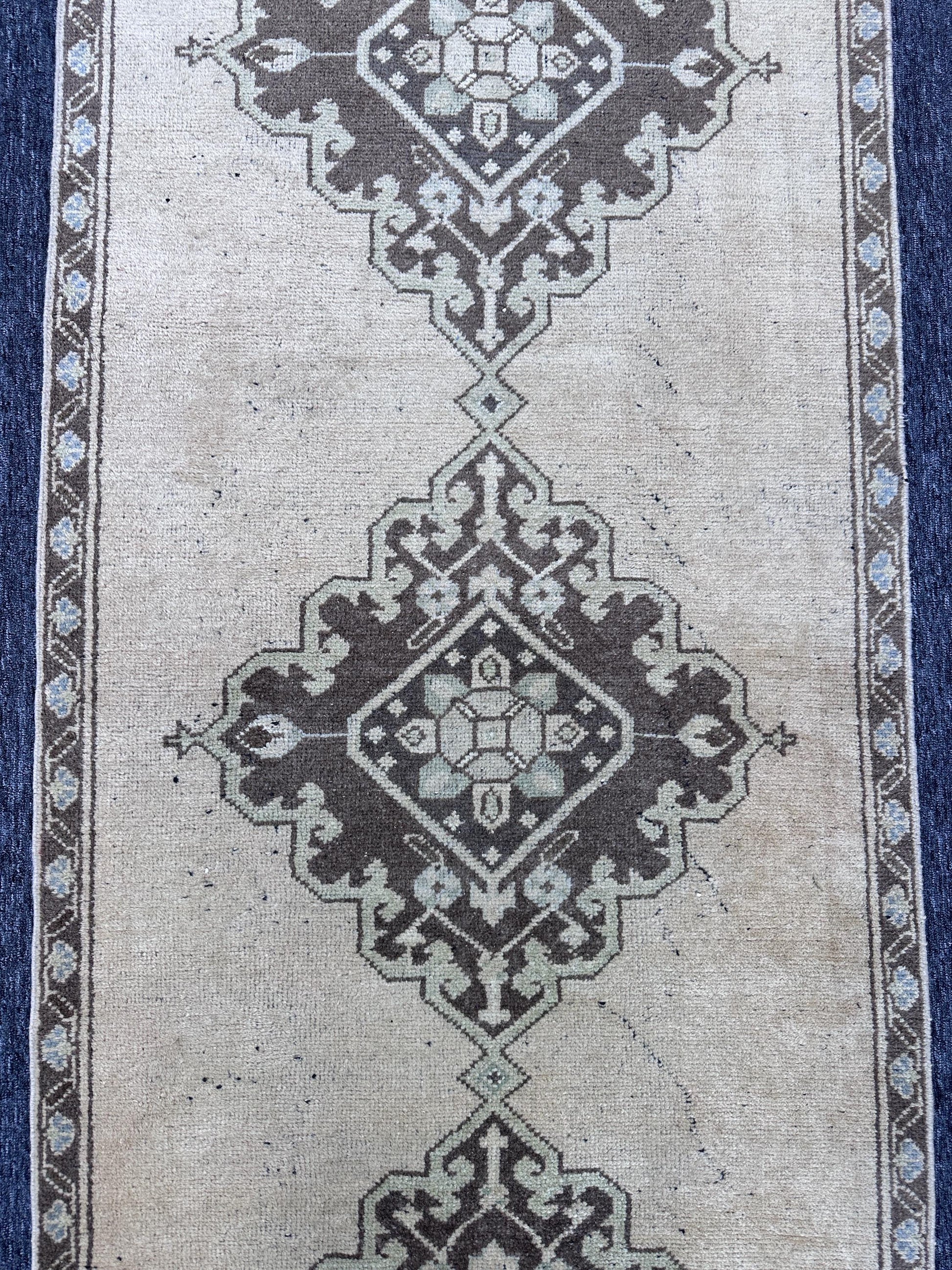 3'1"x11" Feet ,Beige background Turkish vintage Anatolian runner,brown,blue,green colors runner, brown border,Floral runner,301