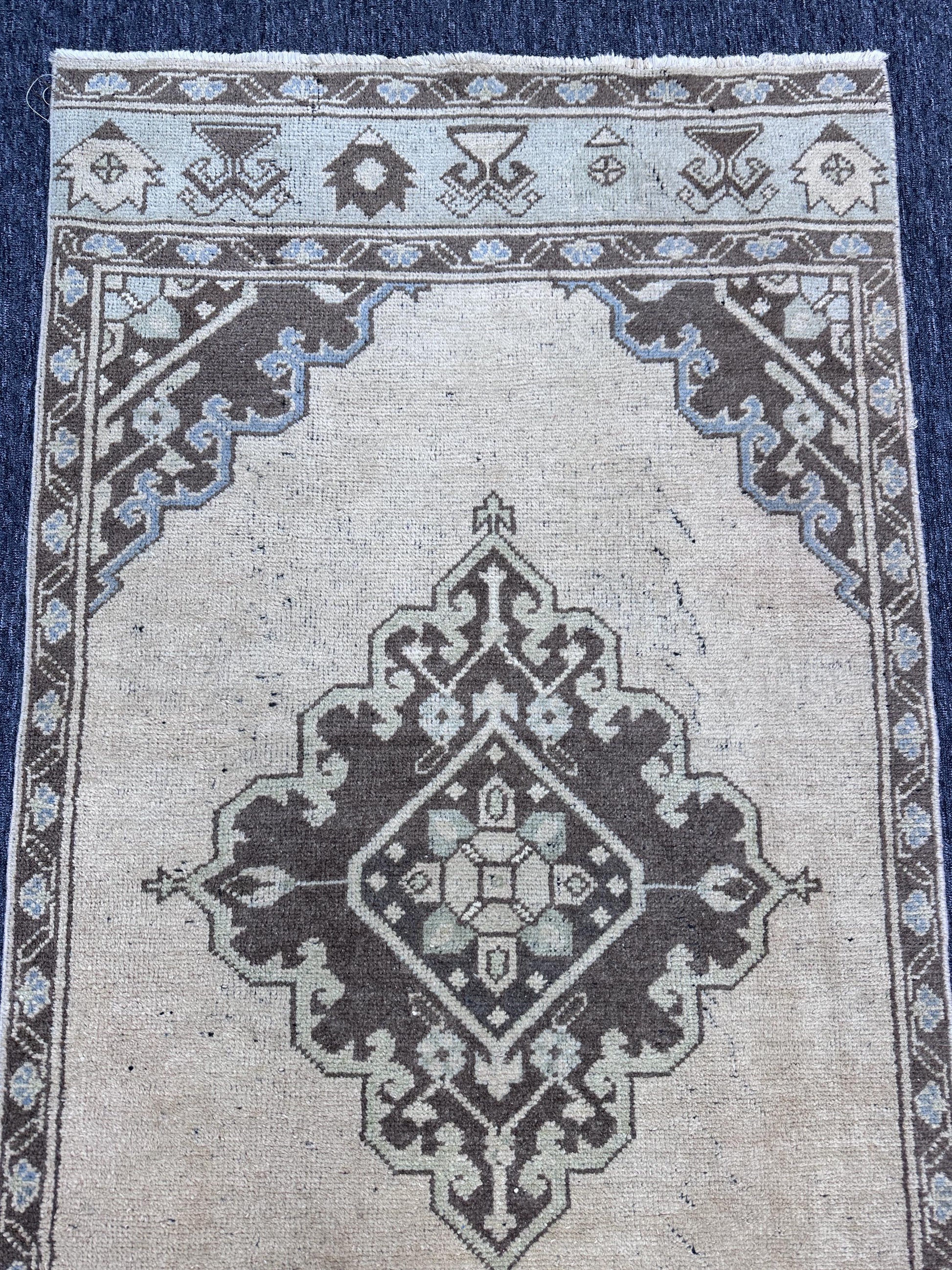 3'1"x11" Feet ,Beige background Turkish vintage Anatolian runner,brown,blue,green colors runner, brown border,Floral runner,301