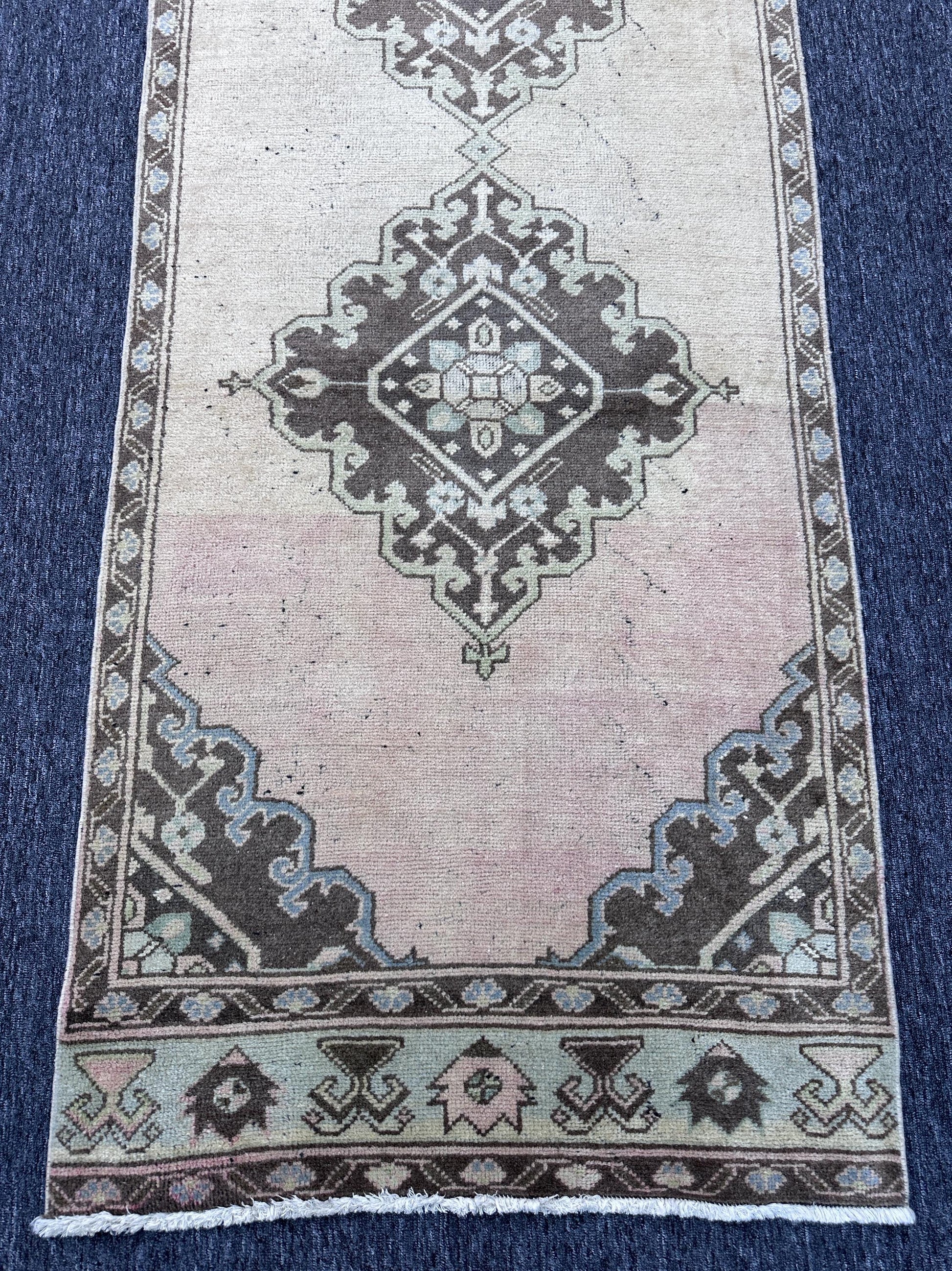 3'1"x11" Feet ,Beige background Turkish vintage Anatolian runner,brown,blue,green colors runner, brown border,Floral runner,301