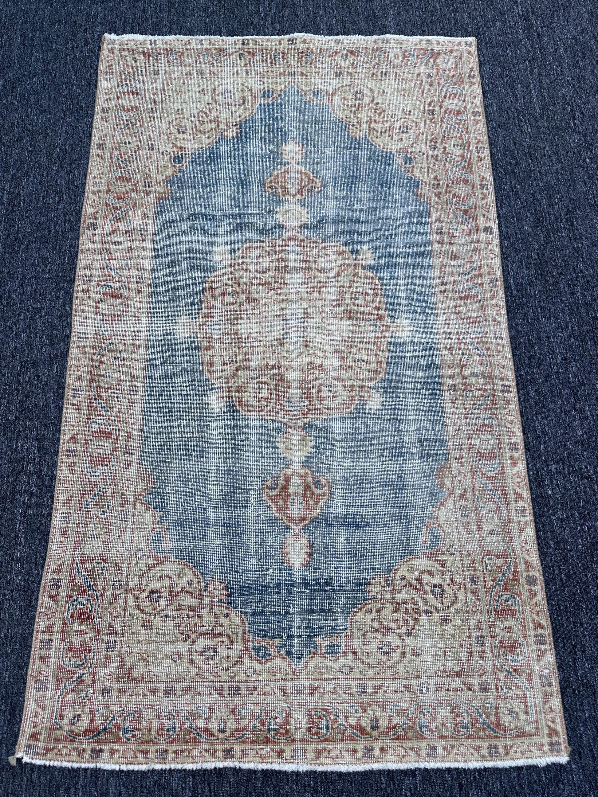 3'8"x6'5" Feet,blue background Turkish vintage Anatolian rug,beige,brick colors rugs, brick border,Floral rugs,289