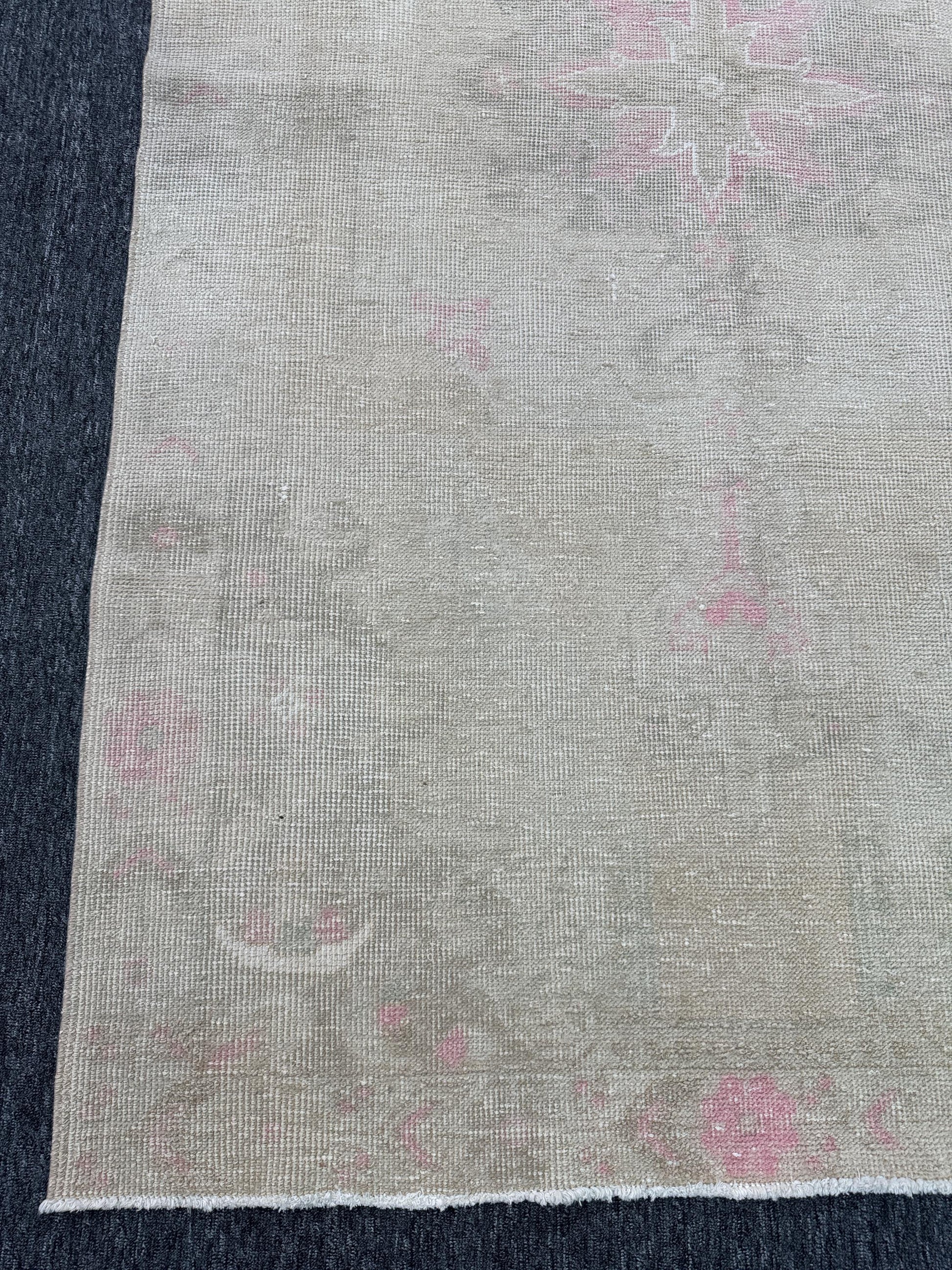 4'3"x7'3" Feet , Beige background Turkish vintage anatolian rug light pink, light gray colors rugs accents, beige border,Floral rugs,407