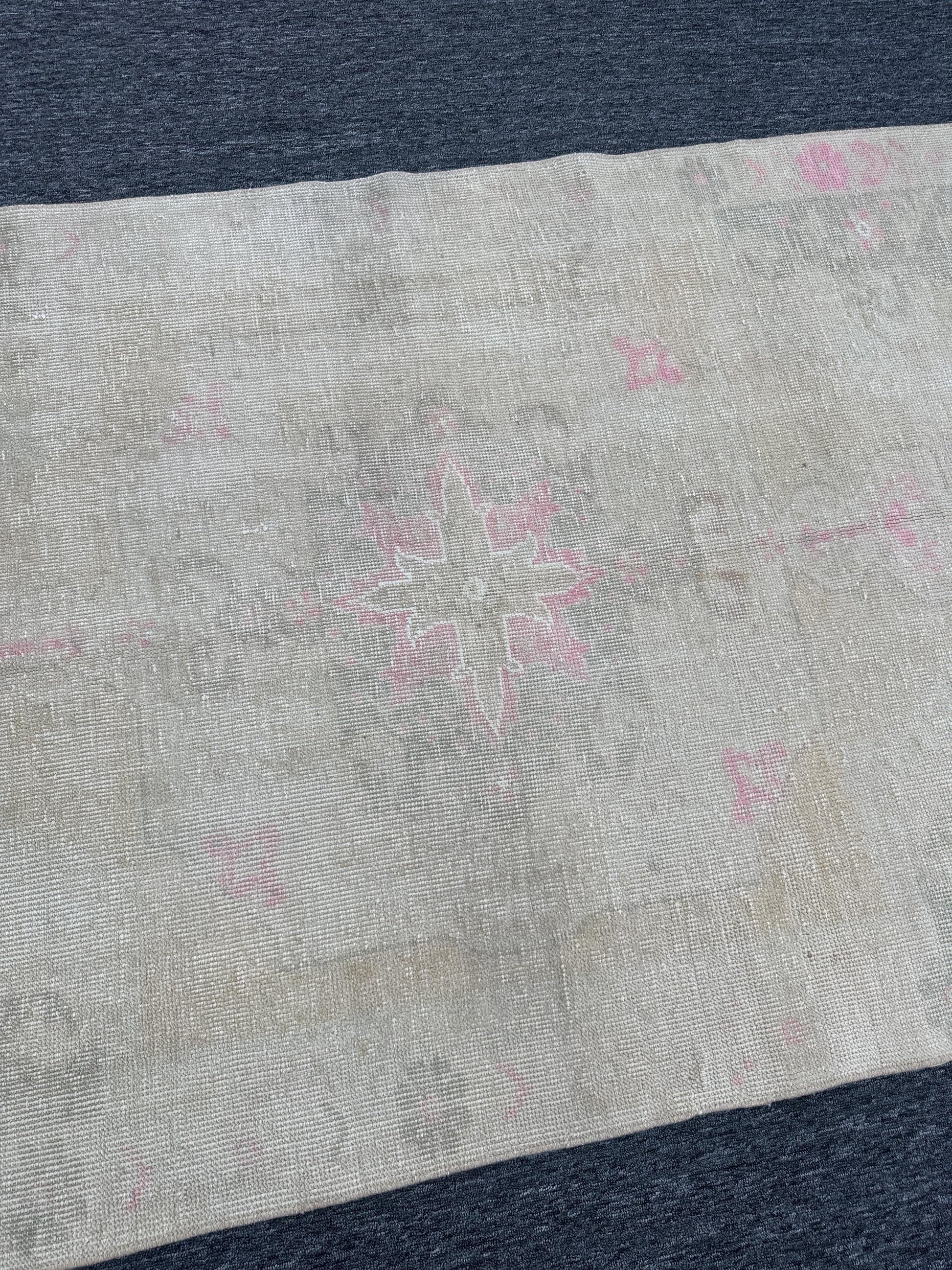 4'3"x7'3" Feet , Beige background Turkish vintage anatolian rug light pink, light gray colors rugs accents, beige border,Floral rugs,407