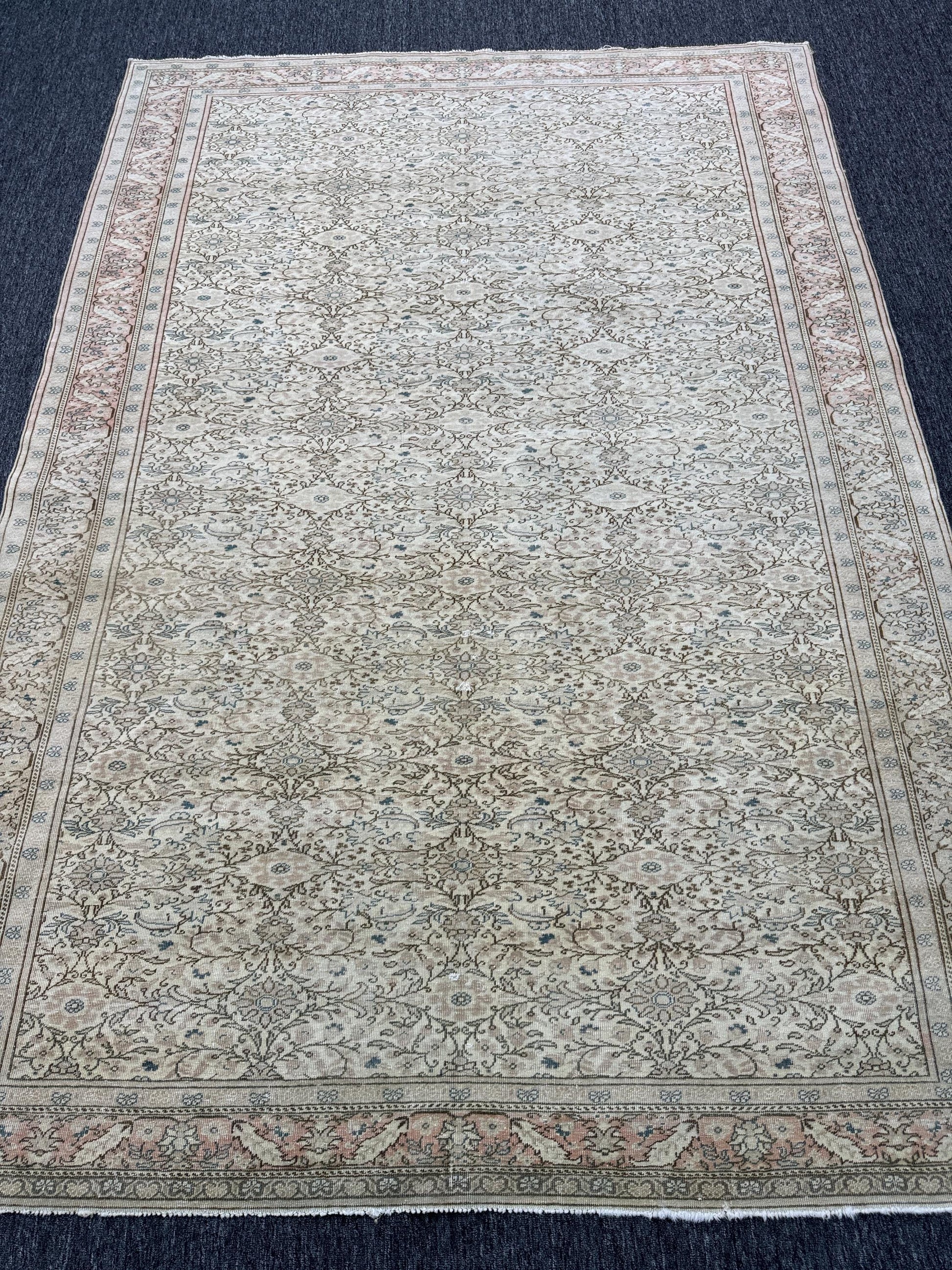 6'5"x 9'4" Feet ,Beige background Turkish vintage anatolian rug ,brown, light pink colors rugs accents, beige border,Floral rugs,430