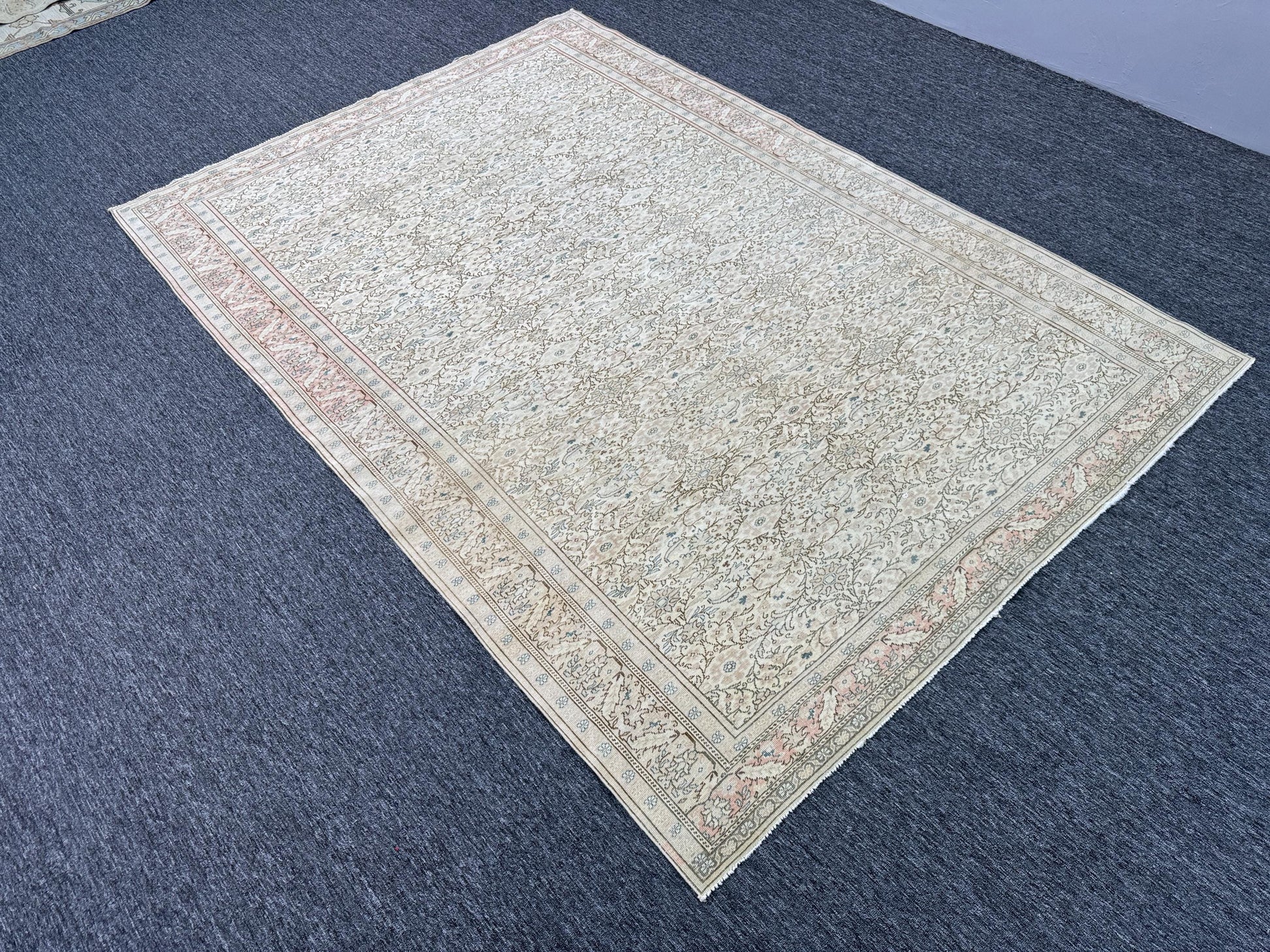 6'5"x 9'4" Feet ,Beige background Turkish vintage anatolian rug ,brown, light pink colors rugs accents, beige border,Floral rugs,430
