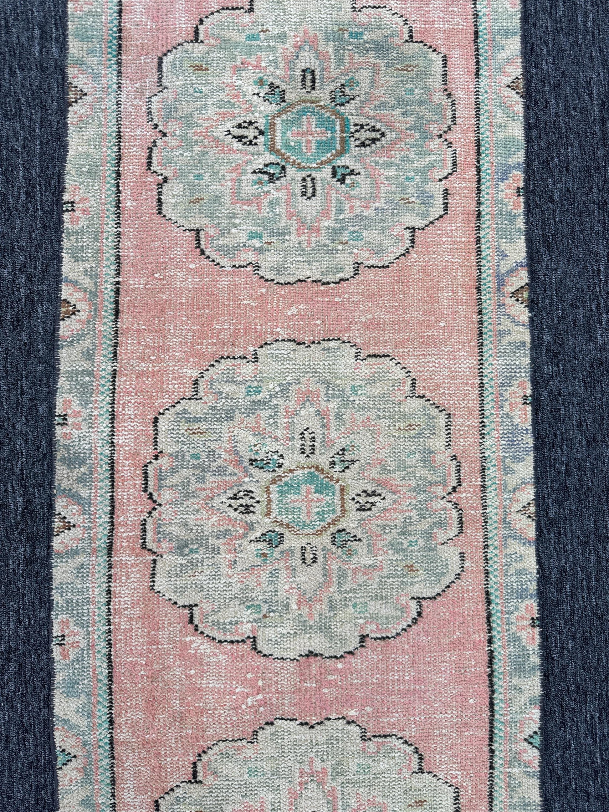 2'2"x11'1"Feet ,Pink background Turkish vintage anatolian runner ,gray, beige colors rugs runner,gray border,Floral runner,439