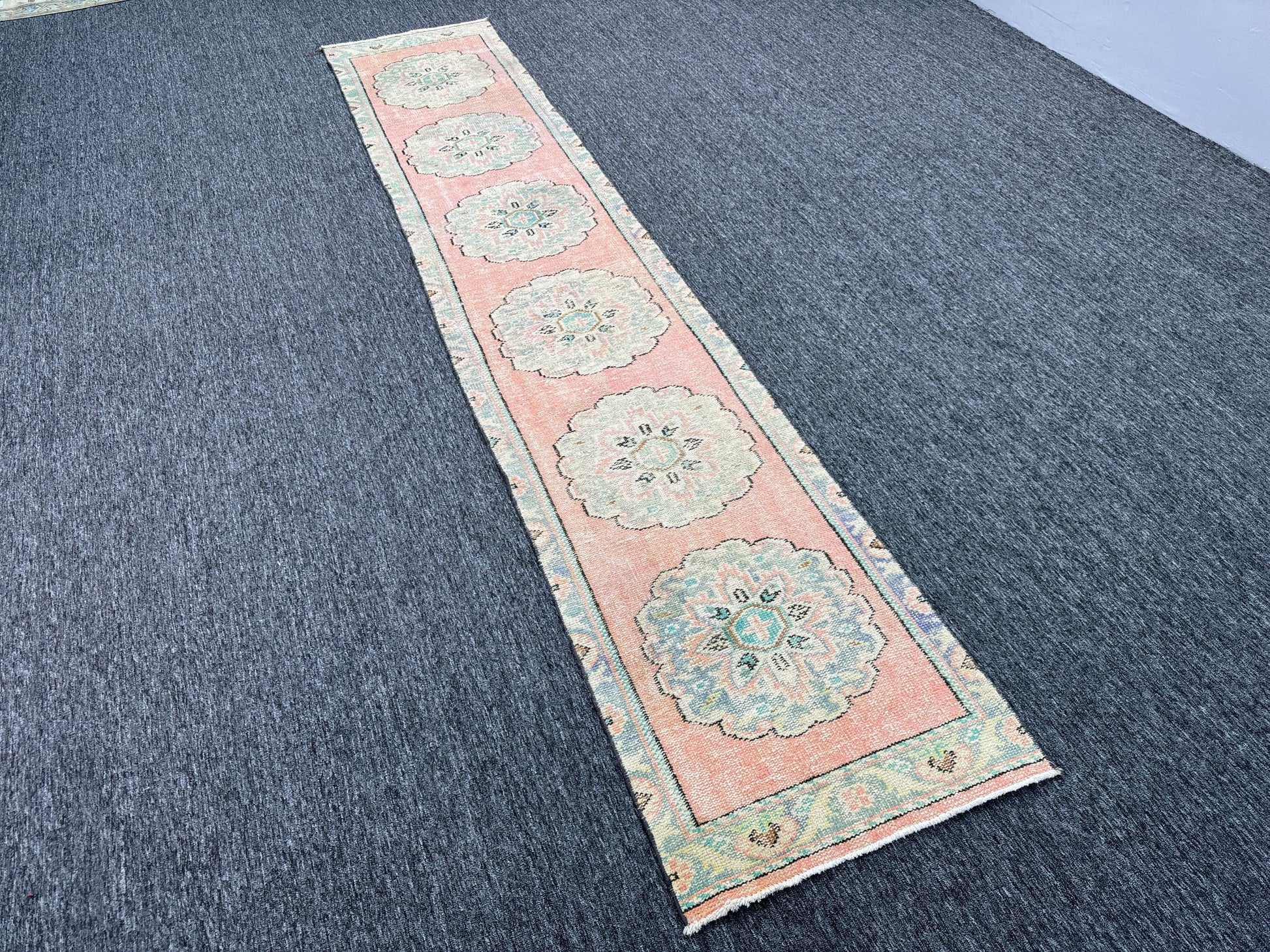 2'2"x11'1"Feet ,Pink background Turkish vintage anatolian runner ,gray, beige colors rugs runner,gray border,Floral runner,439