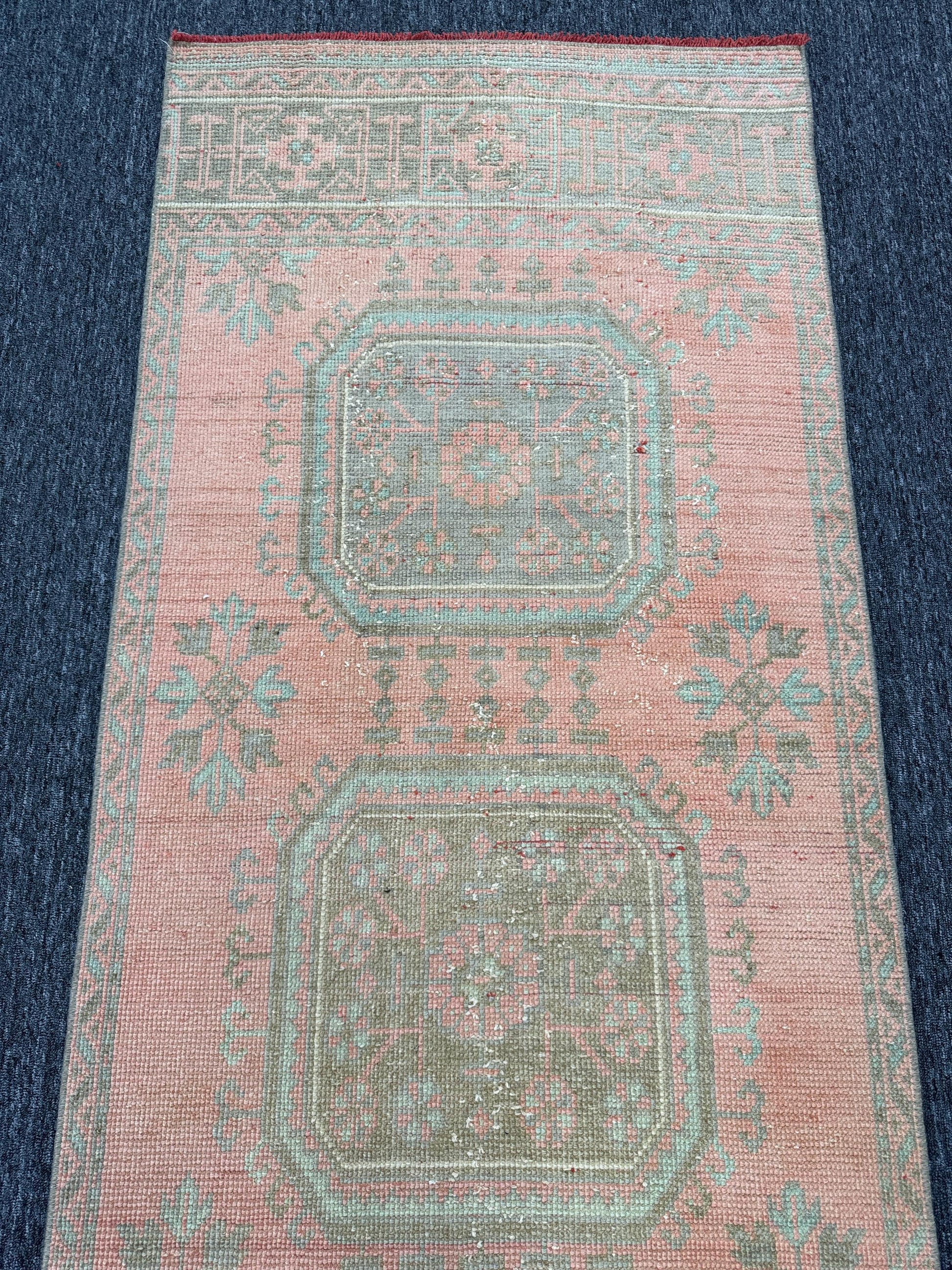 3"x12"Feet ,Pink background Turkish vintage anatolian runner,gray,blue colors runners accents, pink border,Floral runner,456