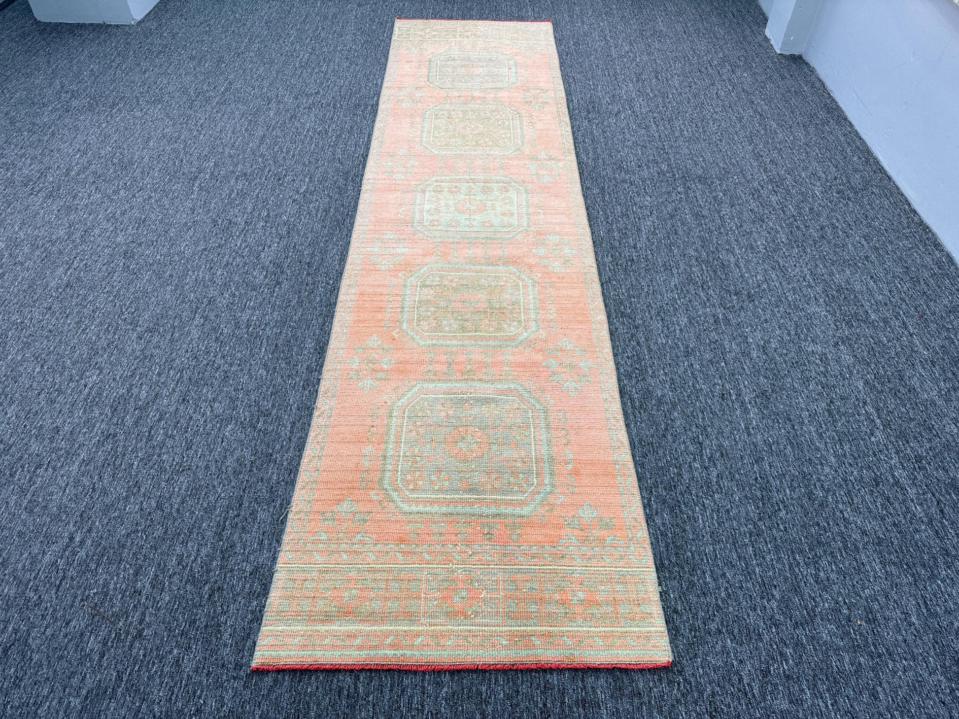 3"x12"Feet ,Pink background Turkish vintage anatolian runner,gray,blue colors runners accents, pink border,Floral runner,456