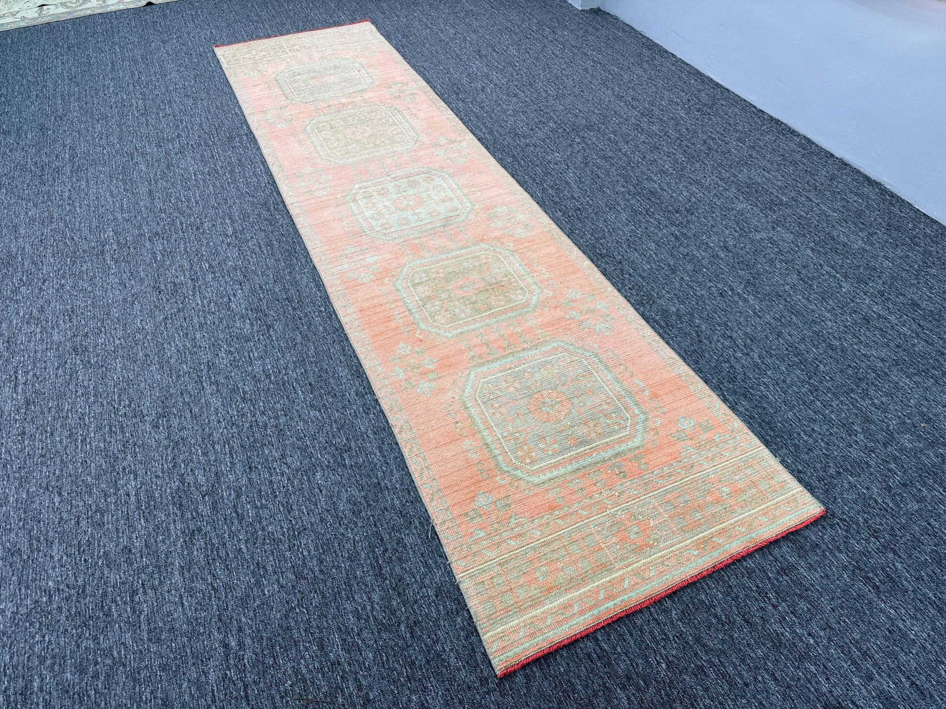 3"x12"Feet ,Pink background Turkish vintage anatolian runner,gray,blue colors runners accents, pink border,Floral runner,456