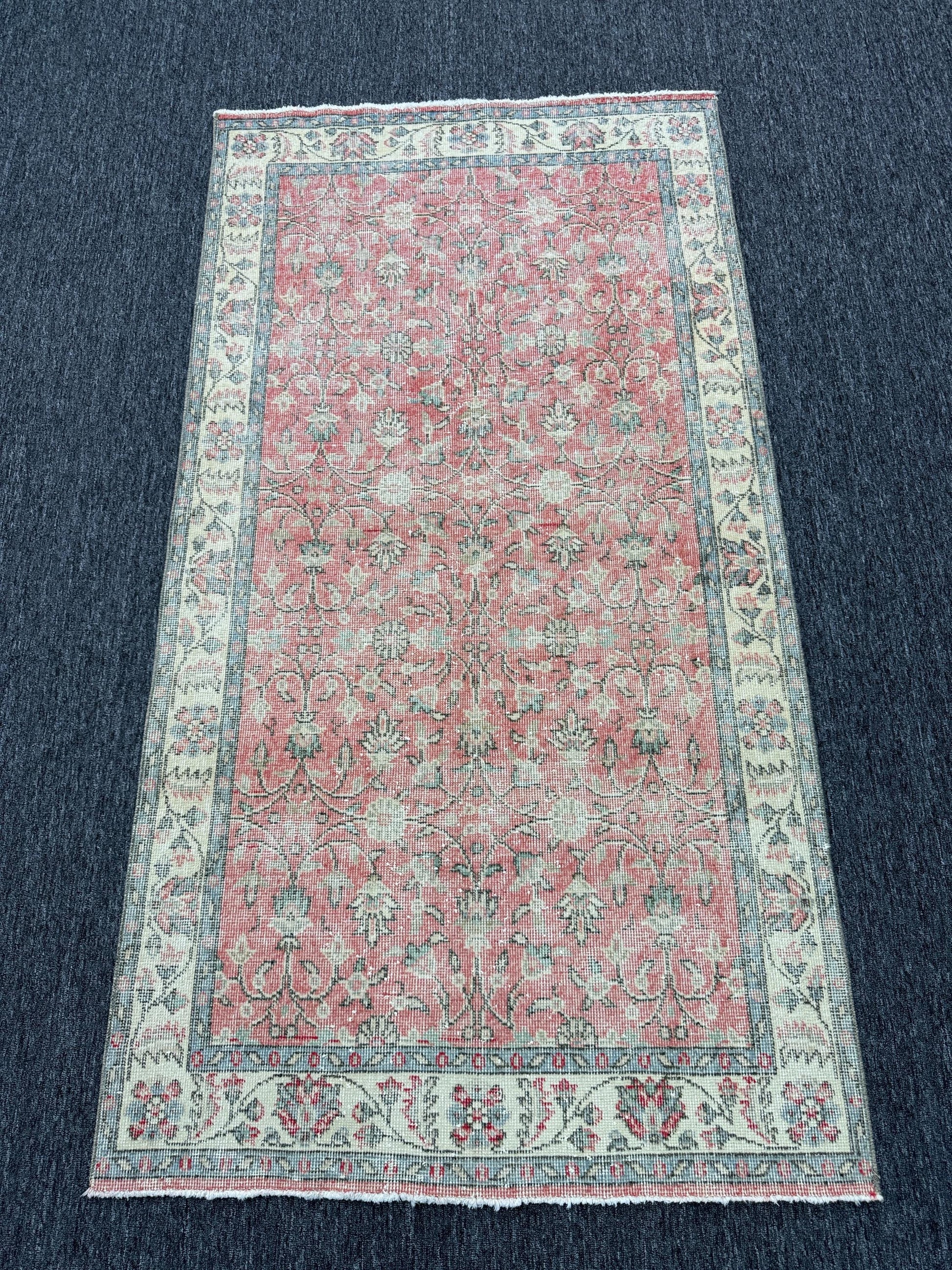 3'8"x6'11" Feet ,Pink background Turkish vintage anatolian rug ,gray, cream colors rugs accents,cream border,Floral rugs,475