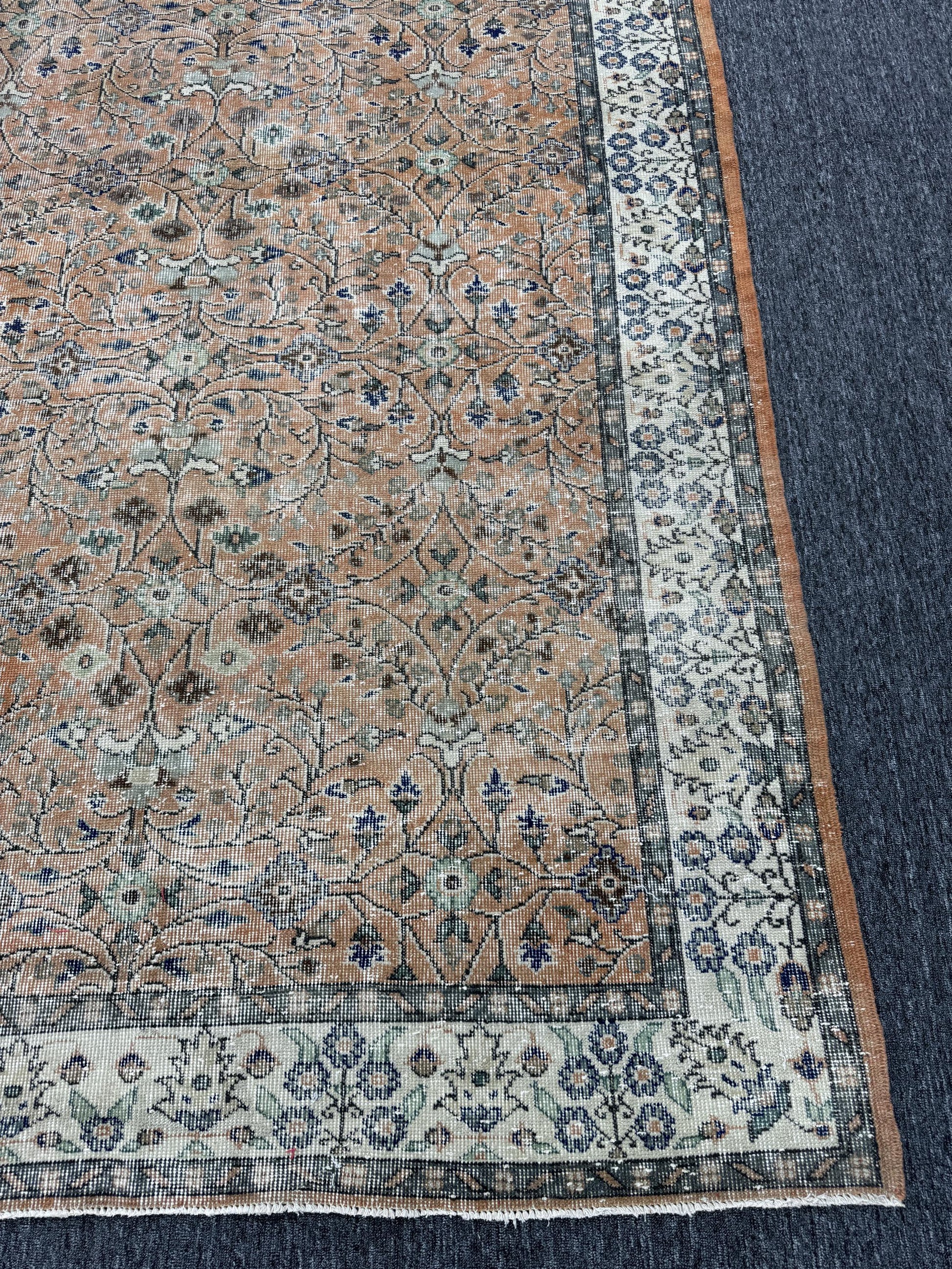 5'9"x9'8" Feet ,Orange background Turkish vintage anatolian rug,blue, brown colors rugs accents,cream border,Floral rugs,560