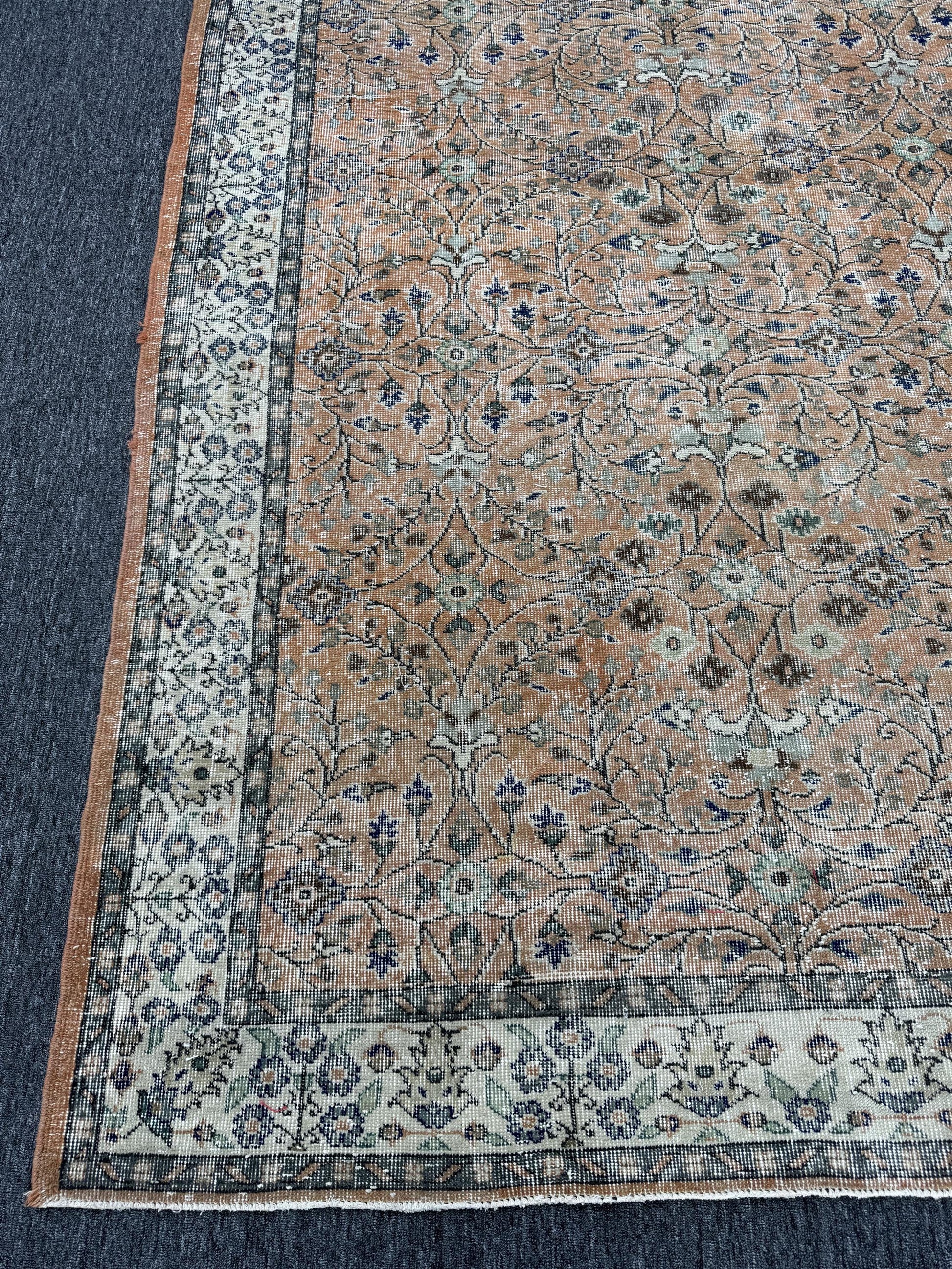 5'9"x9'8" Feet ,Orange background Turkish vintage anatolian rug,blue, brown colors rugs accents,cream border,Floral rugs,560