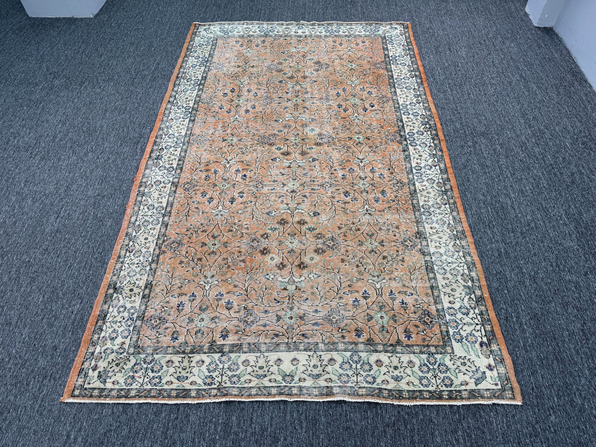 5'9"x9'8" Feet ,Orange background Turkish vintage anatolian rug,blue, brown colors rugs accents,cream border,Floral rugs,560