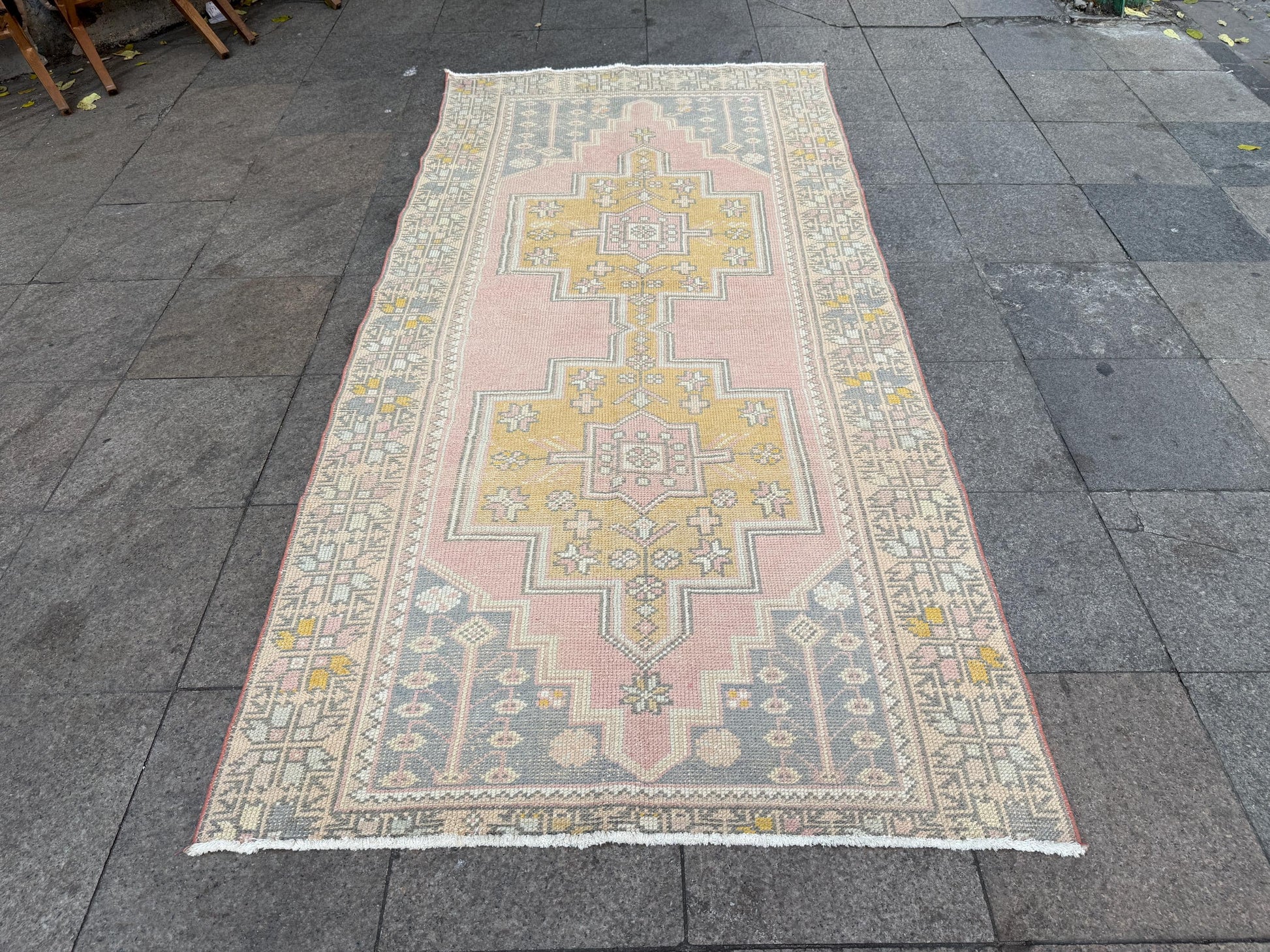 4'1"x8'11" Vintage Turkish Anatolian Wool Rug, Pink Geometric Rug,915