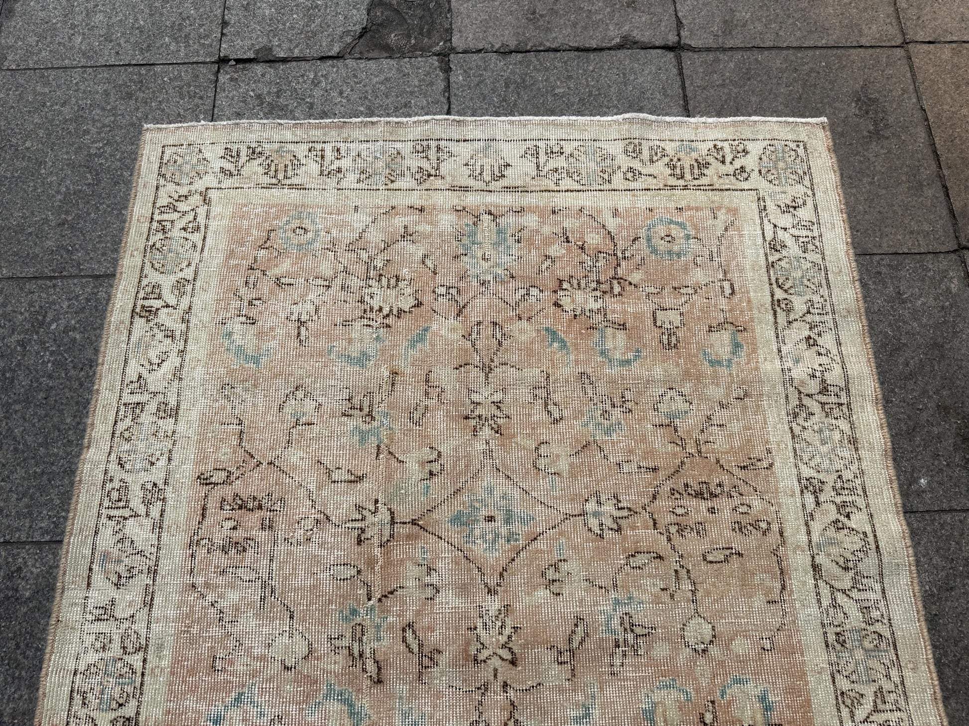 4x6'10" Vintage Turkish Anatolian Wool Rug, Floral Pink Rug,449