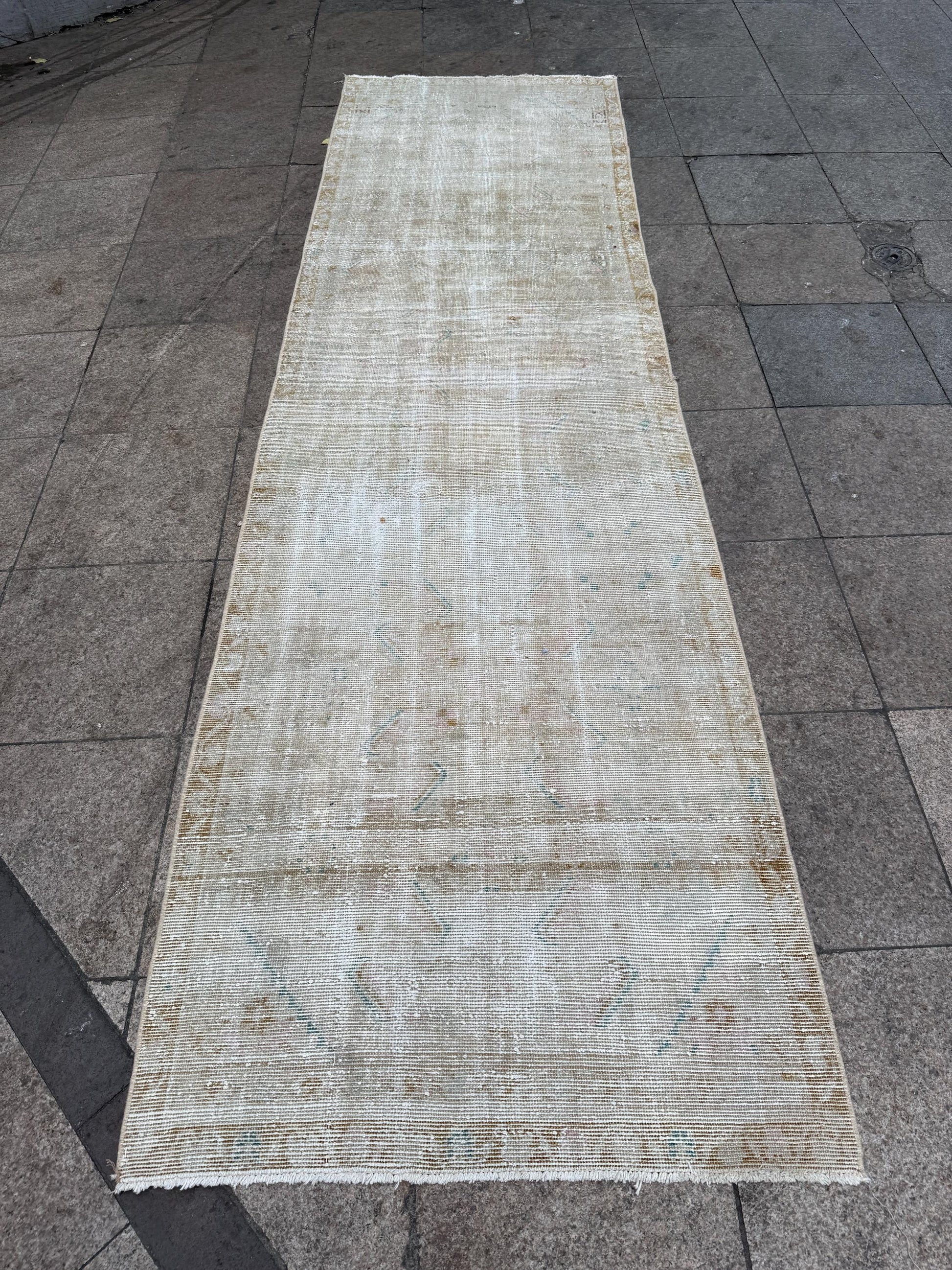 3'1"x10'9" feet Vintage Anatolian Wool Runner Rug,Floral Decoritive Beige Runner ,126