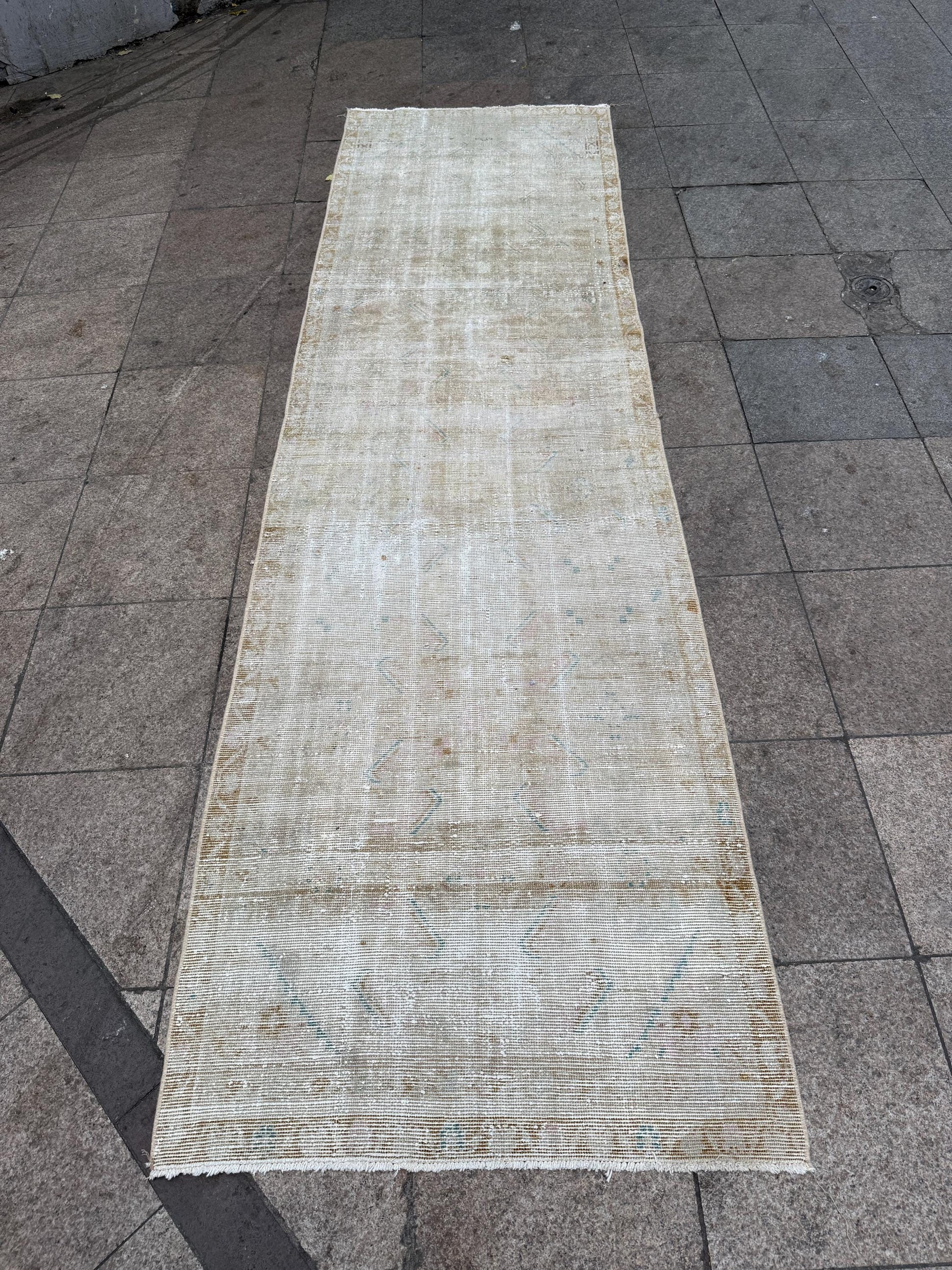 3'1"x10'9" feet Vintage Anatolian Wool Runner Rug,Floral Decoritive Beige Runner ,126
