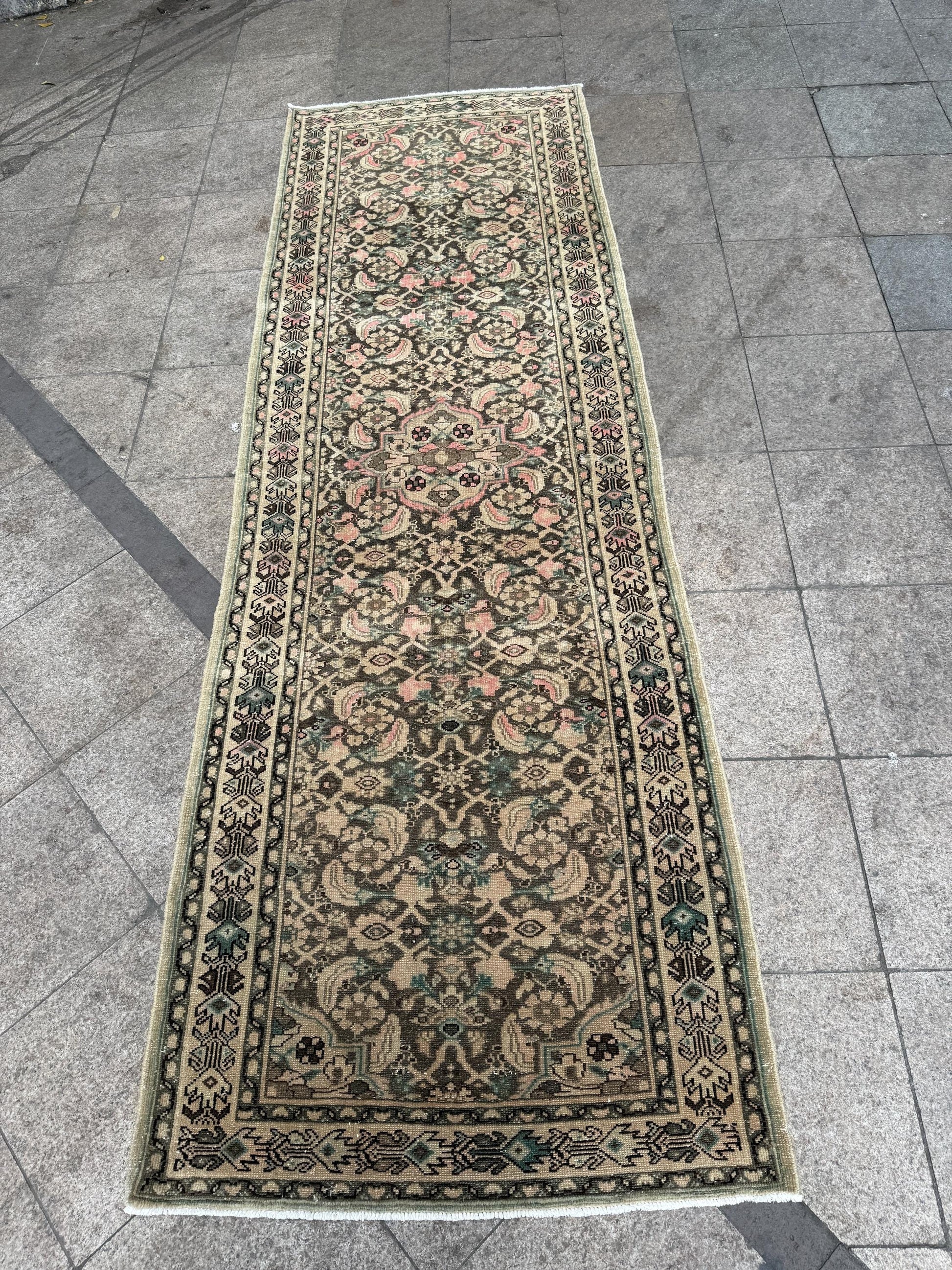 3'6"x10'7" feet Vintage Anatolian Wool Runner Rug,Floral Decoritive Natural Color Rug ,140