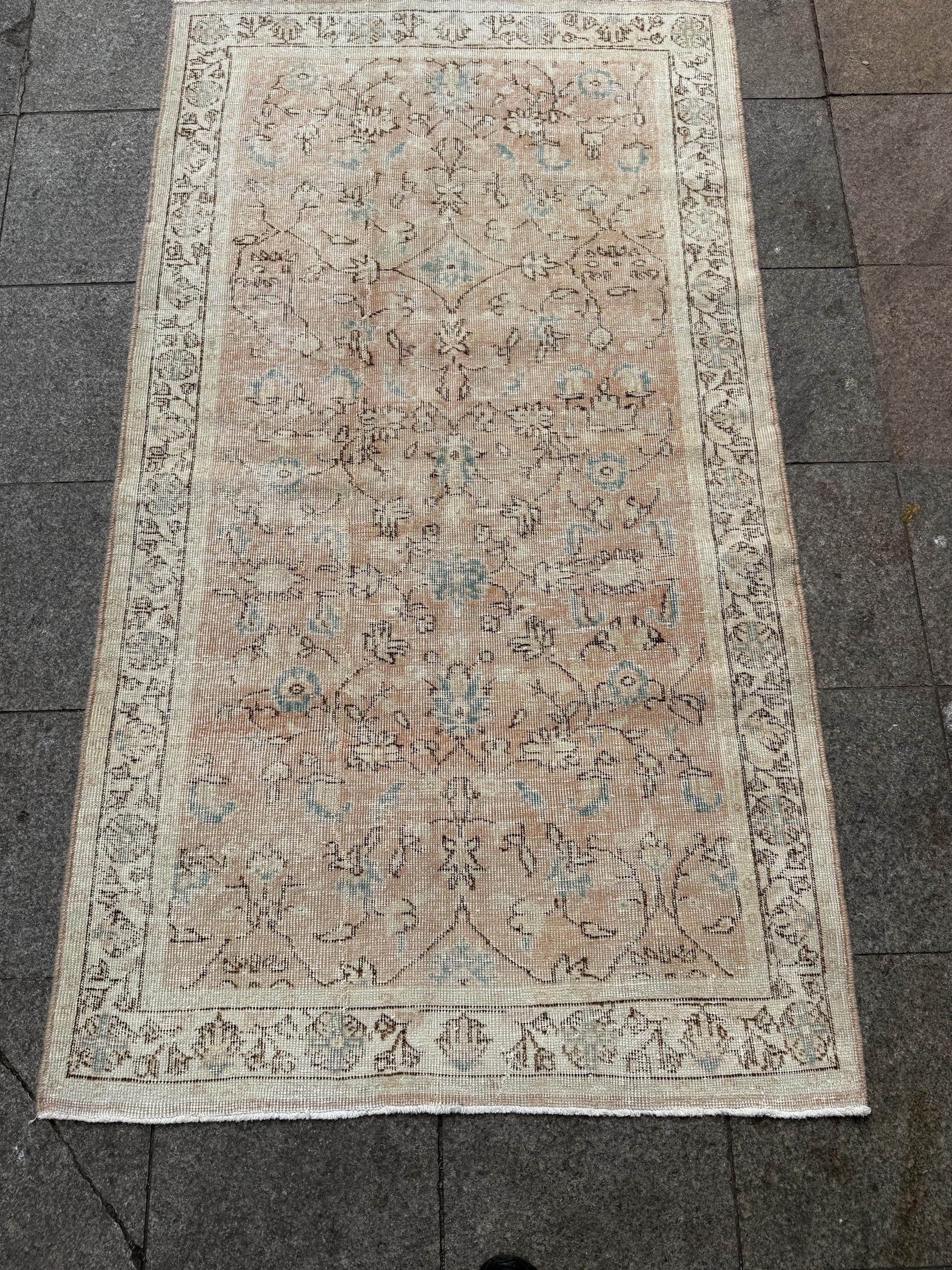 4x6'10" Vintage Turkish Anatolian Wool Rug, Floral Pink Rug,449