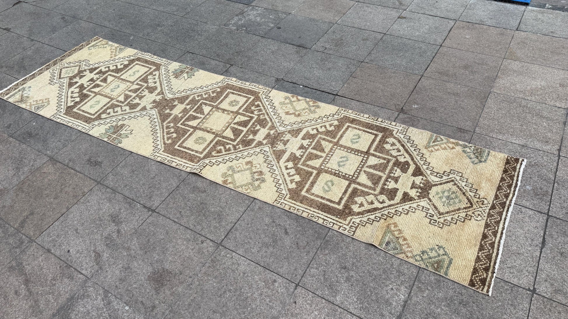 2'8"x10'3" feet Vintage Anatolian Wool Runner Rug,Geometric Decoritive Beige Rug ,389