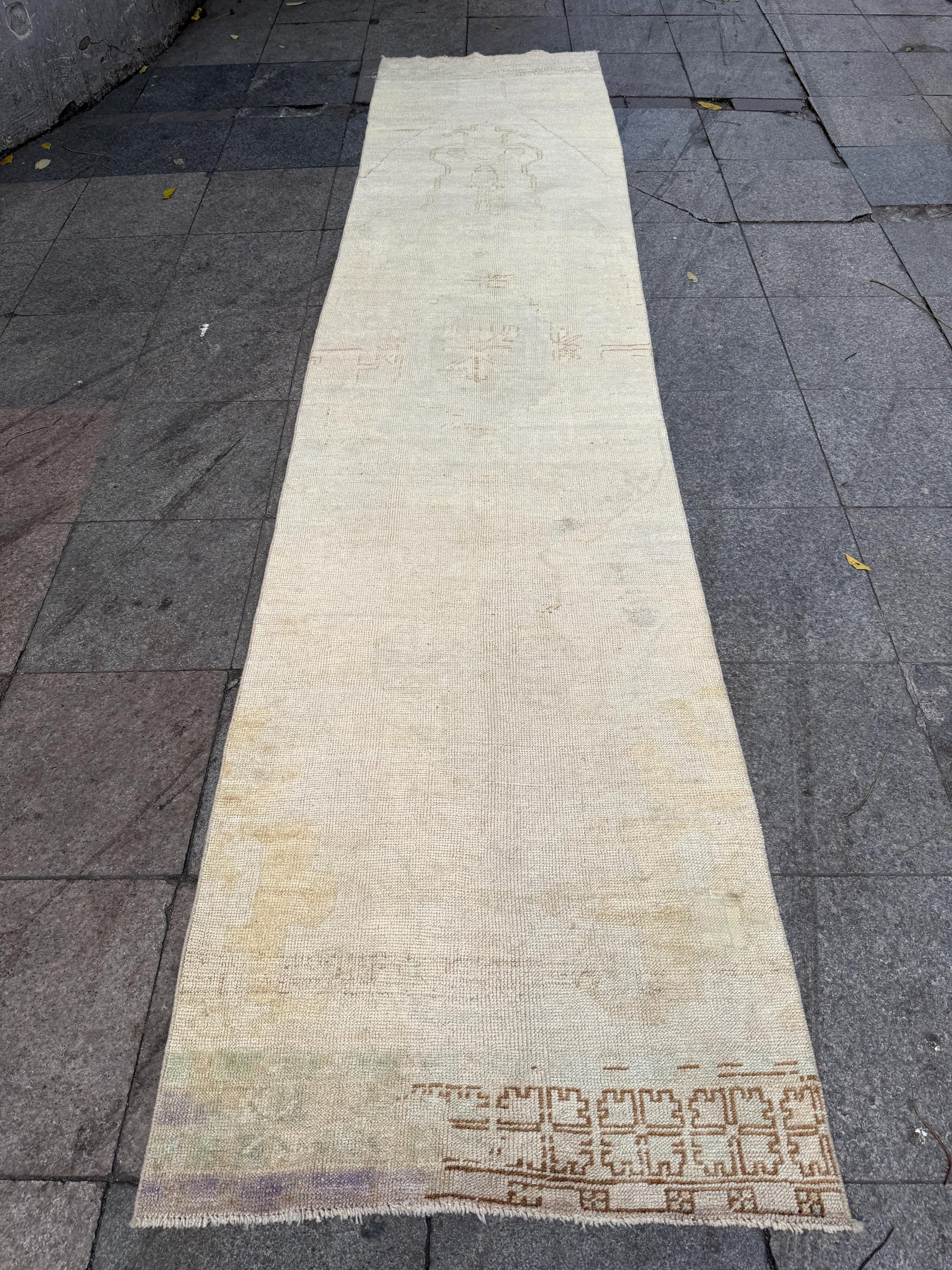 2'10"x12'4" feet Vintage Anatolian Wool Runner Rug,Floral Decoritive Beige Rug ,951