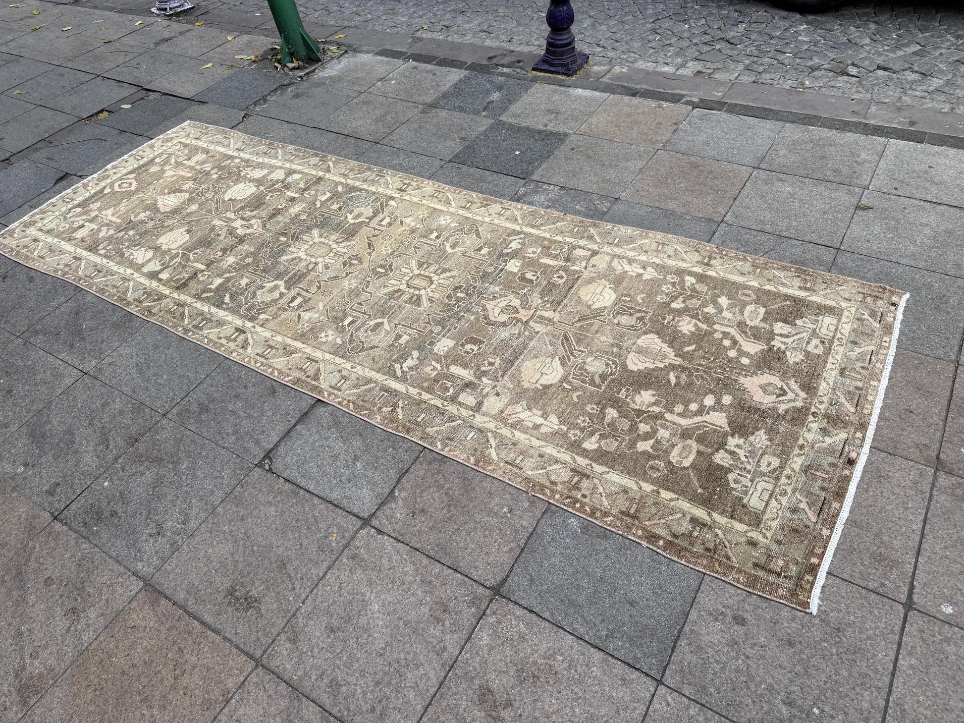 3'11"x11' feet Vintage Anatolian Wool Runner Rug,Floral Decoritive Beige Runner ,134