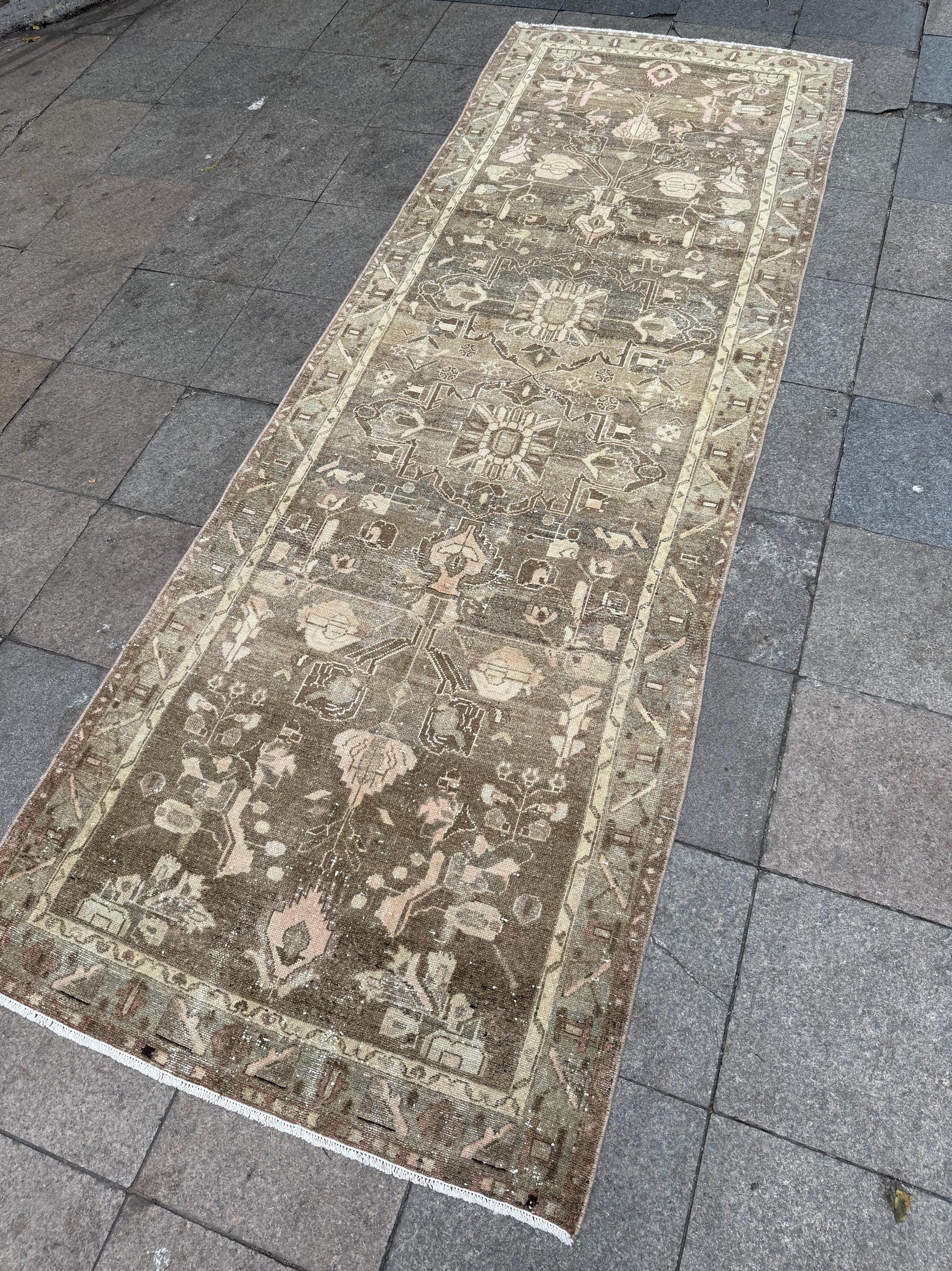 3'11"x11' feet Vintage Anatolian Wool Runner Rug,Floral Decoritive Beige Runner ,134