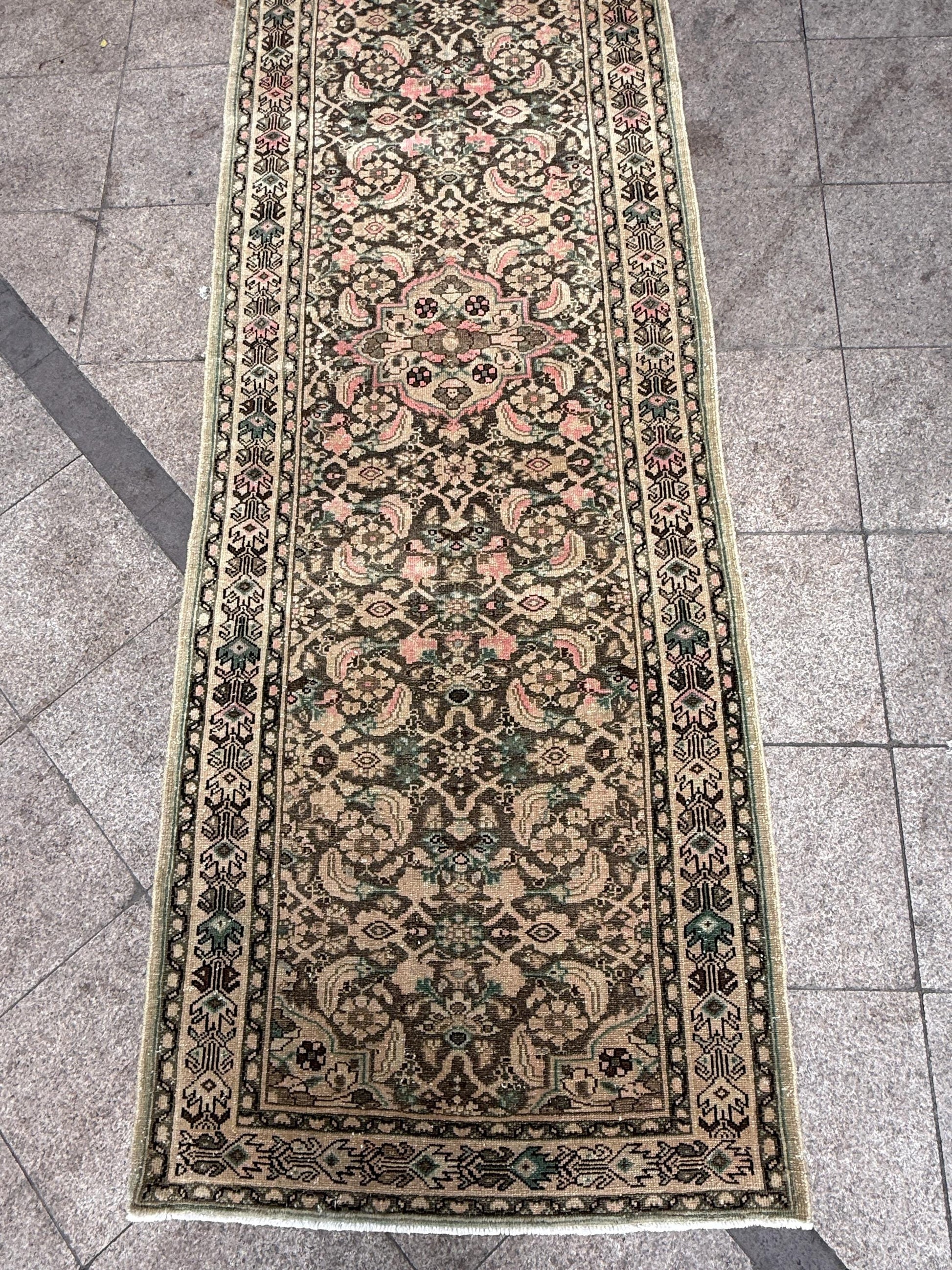 3'6"x10'7" feet Vintage Anatolian Wool Runner Rug,Floral Decoritive Natural Color Rug ,140